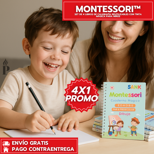 Oferta Especial 4x1: Montessori - Set de 4 Libros de Caligrafía Reutilizables con Tinta Mágica para Niños