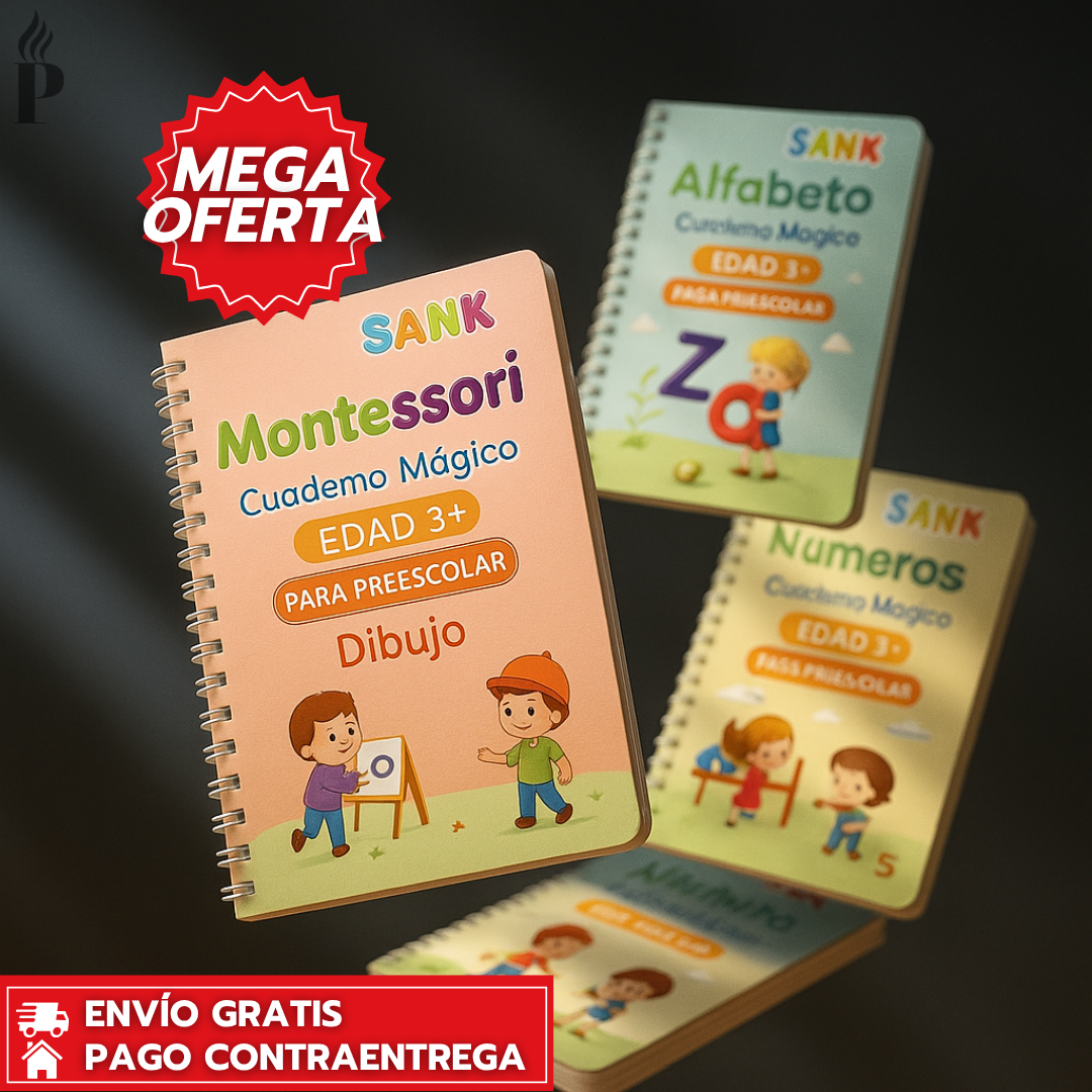 Oferta Especial 4x1: Montessori - Set de 4 Libros de Caligrafía Reutilizables con Tinta Mágica para Niños